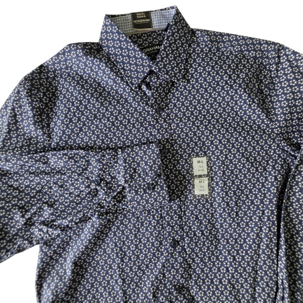 Nick Graham Mens Button Down Shirt Navy Floral Geometric Stretch M-L 15.5 34-35